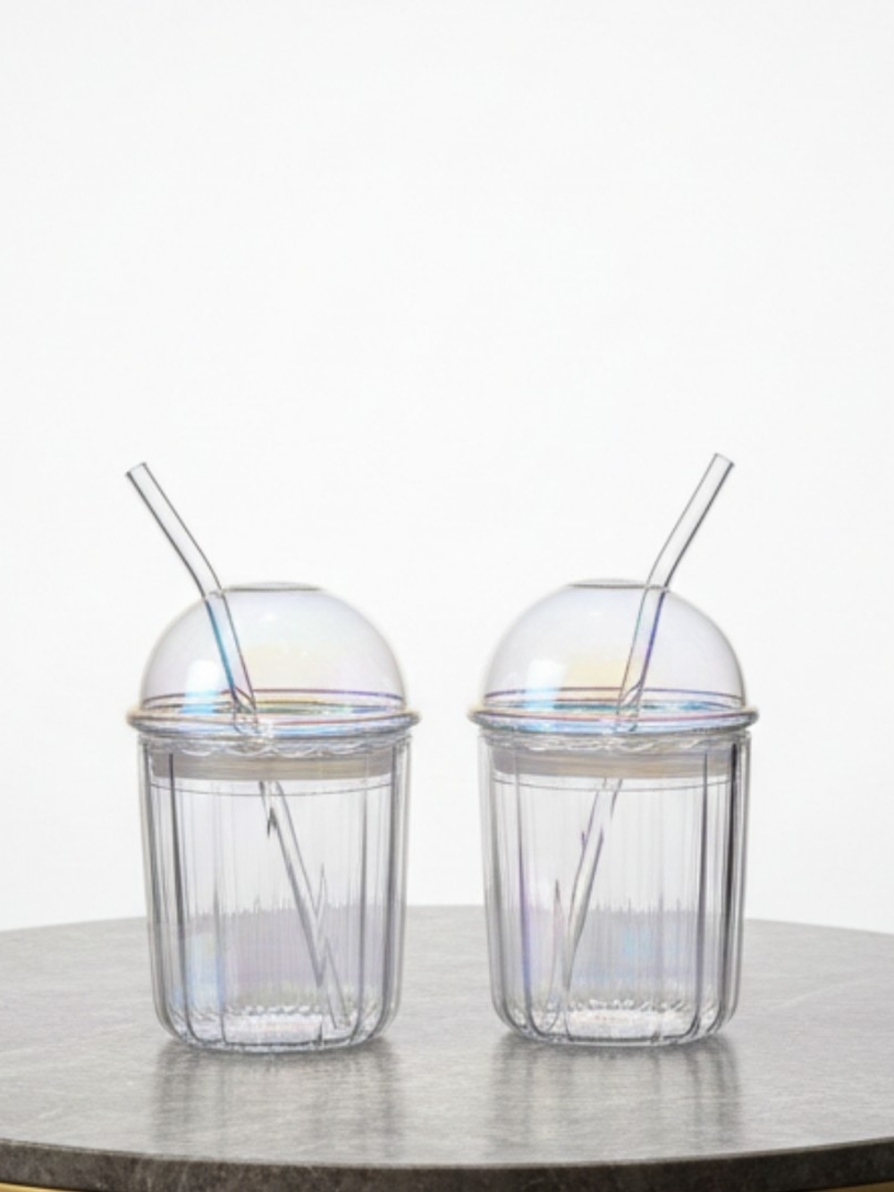 Clear Iridescent Glass Tumbler with Dome Lid & Straw - Set of 2